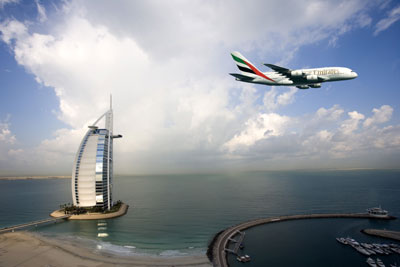 Airbus A380 near Burj Al Arab hotel in Dubai